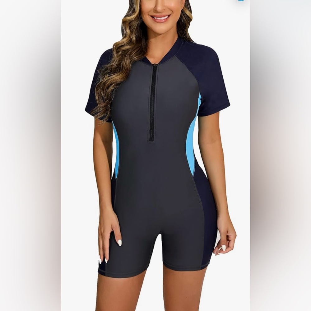NWT Halcurt Women's Boyleg One Piece Rash Guard with Built in Bra UPF50+